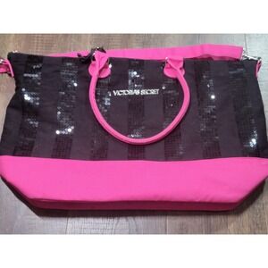 Victorias Secret Weekender Tote Bag Black Pink Sequin Stripe Canvas Large Travel